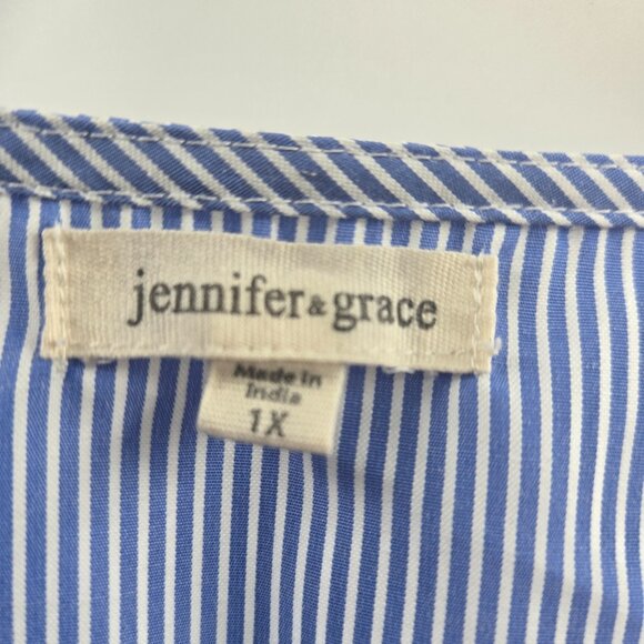 Jennifer & Grace Blue White Striped Embroidered Lace Short Sleeved Blouse 1x - Picture 6 of 8